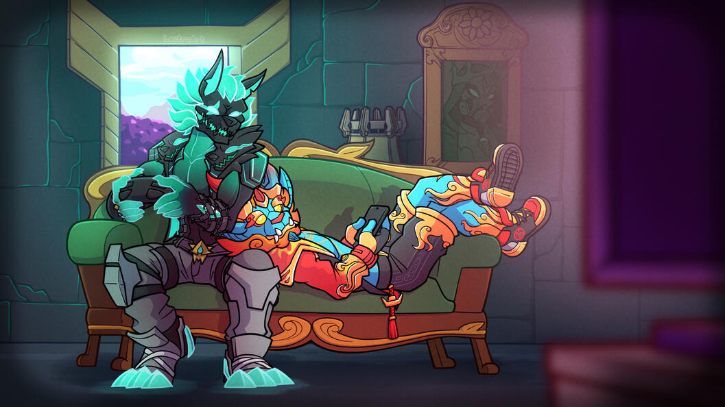 A scene of the Firewalker and Cerberus Fortnite skins, taking place in the Named Location "Grim Gate." Both of them are hanging out together on a couch, with Cerberus playing a video game on a TV that the camera rests behind.